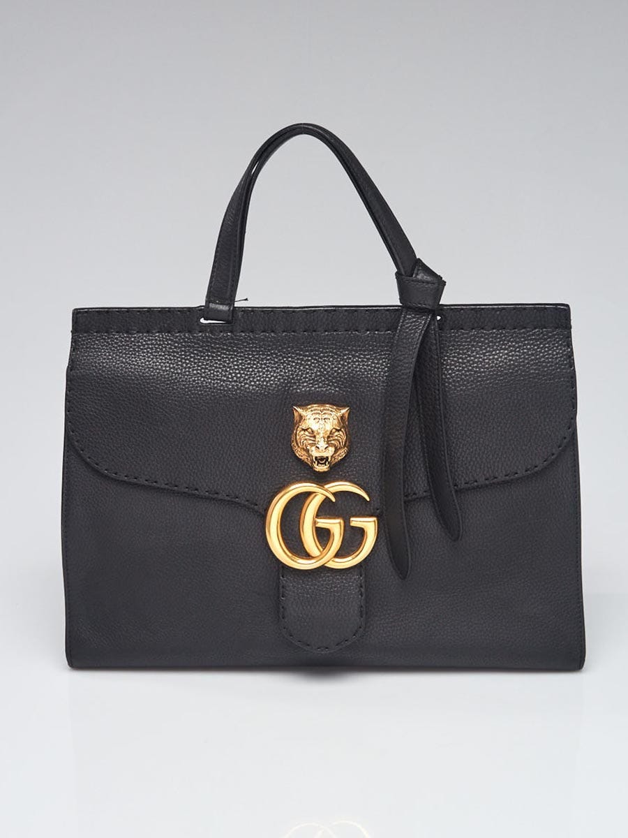 Gucci Black Pebbled Leather Marmont Medium Top Handle Bag