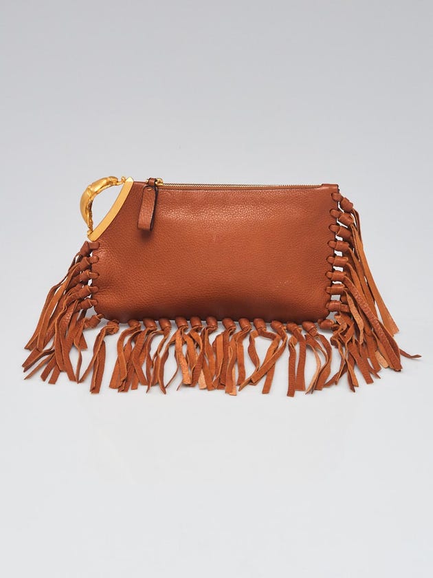 Valentino Brown Pebbled Leather Scarab Fringe Clutch Bag