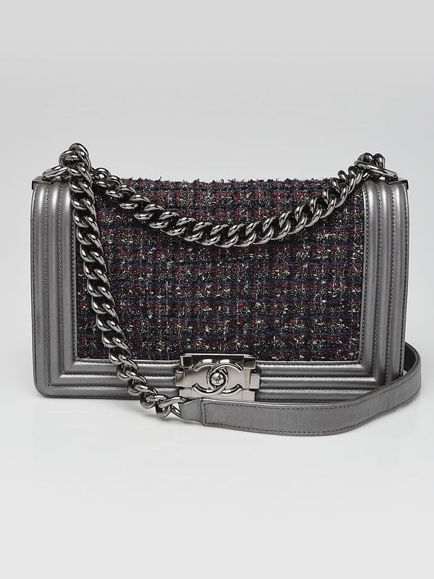 Chanel Silver Leather and Tweed Medium Boy Bag
