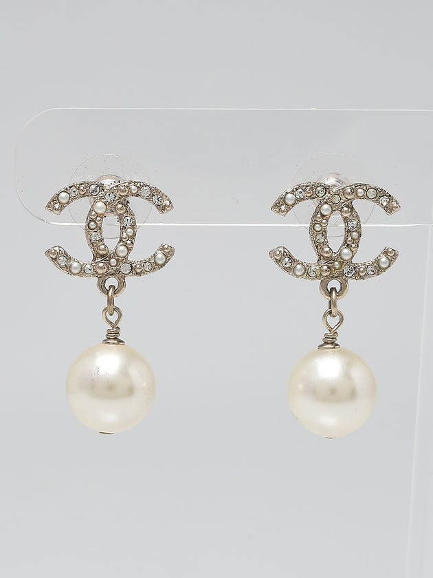 Chanel Faux Pearl and Crystal CC Logo Drop Earrings