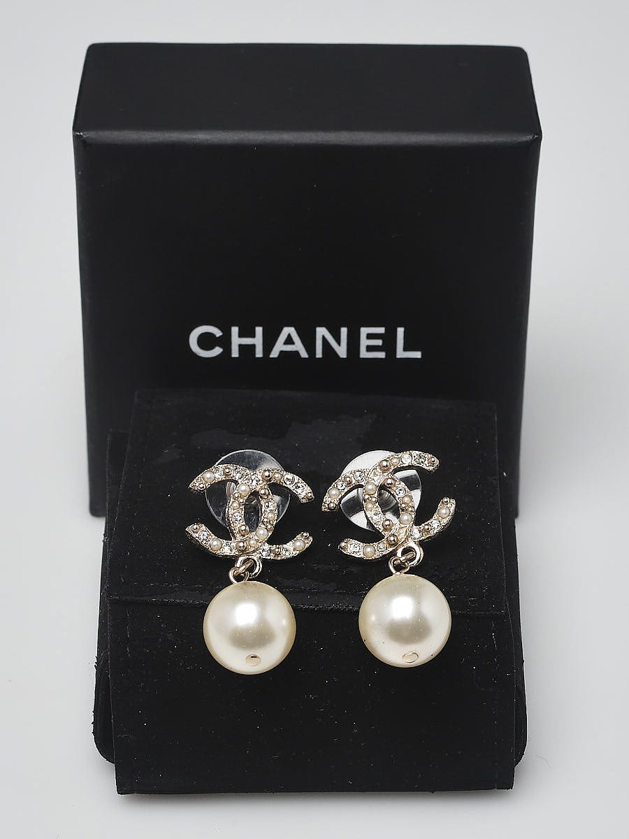 Chanel Faux Pearl and Crystal CC Logo Drop Earrings - Yoogi's Closet