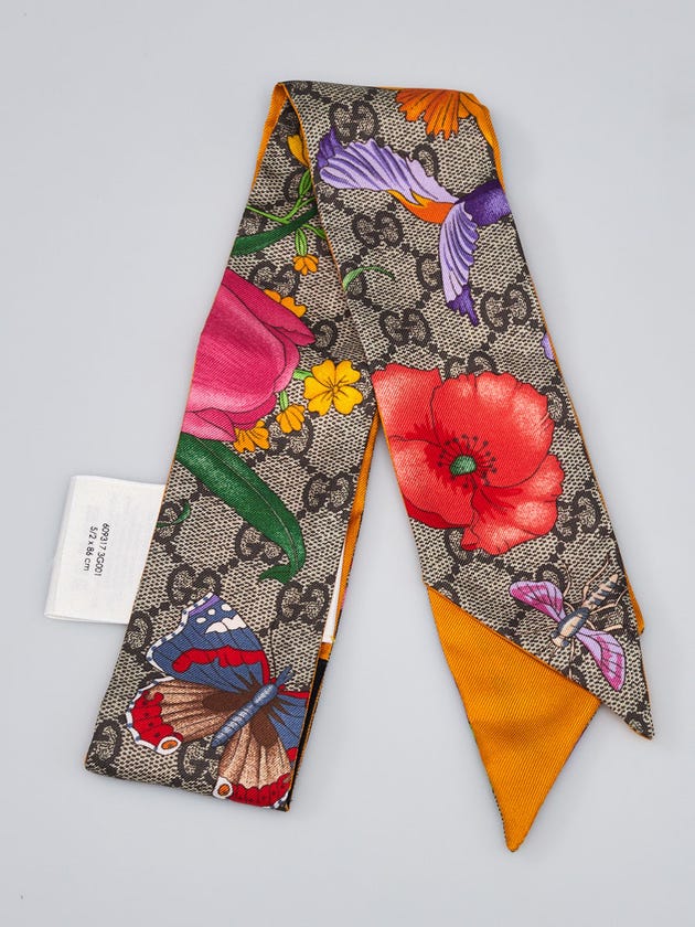 Gucci Beige/Ebony GG Silk Floral Print Twilly Neck Bow Scarf