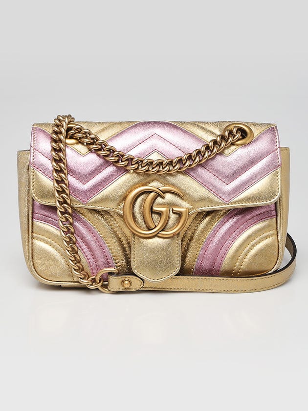 Gucci Gold/Pink Quilted Leather Marmont Mini Shoulder Bag