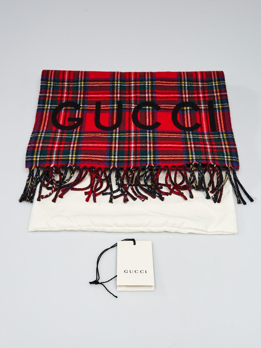JI92美品✨　GUCCI フローガル柄 クッション 丸型 レッド チェック Gucci Red Wool/Cashmere Plaid Logo Fringe Scarf | Yoogi's Closet