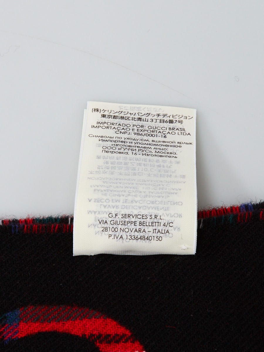 Gucci Red Wool/Cashmere Plaid Logo Fringe Scarf | Yoogi's Closet