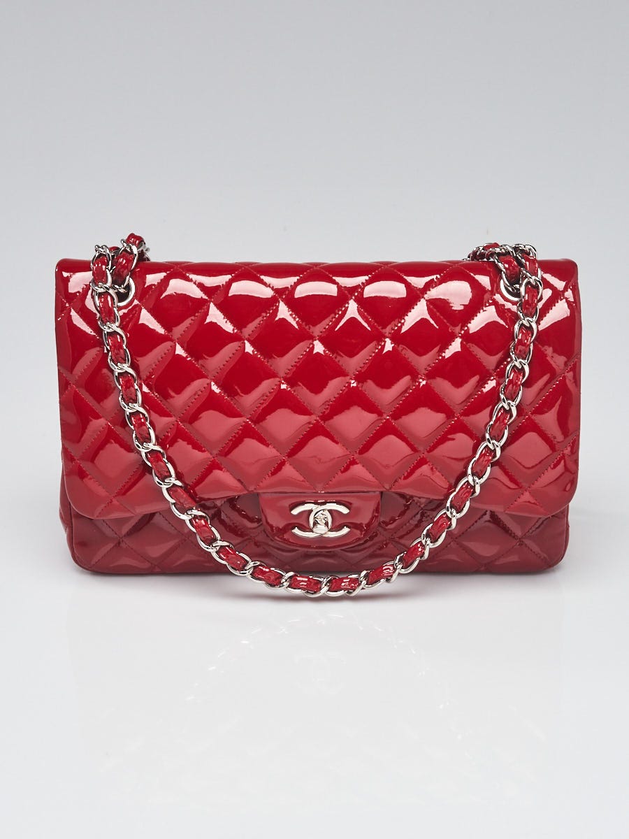 Chanel Red Quilted Patent Leather Classic Jumbo Double Flap Bag
