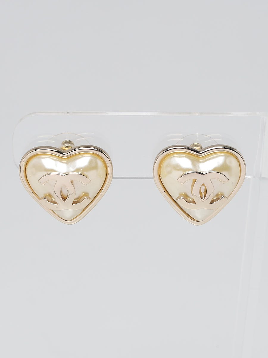Chanel Gold Metal And Imitation Pearl Heart CC Stud Earrings, 2022