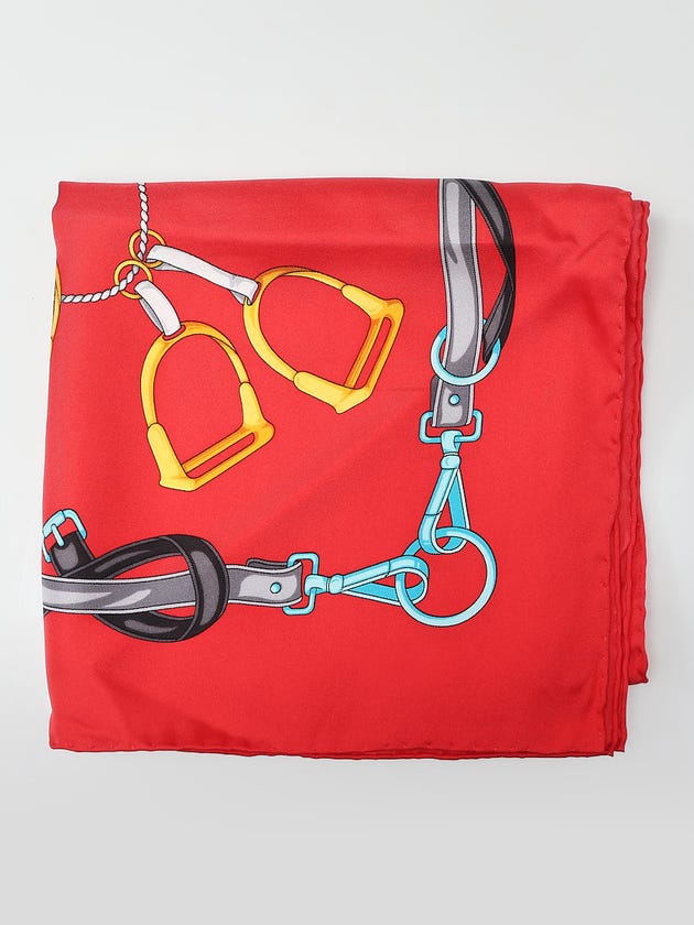 Gucci Red Silk Equestrian Print Square Scarf