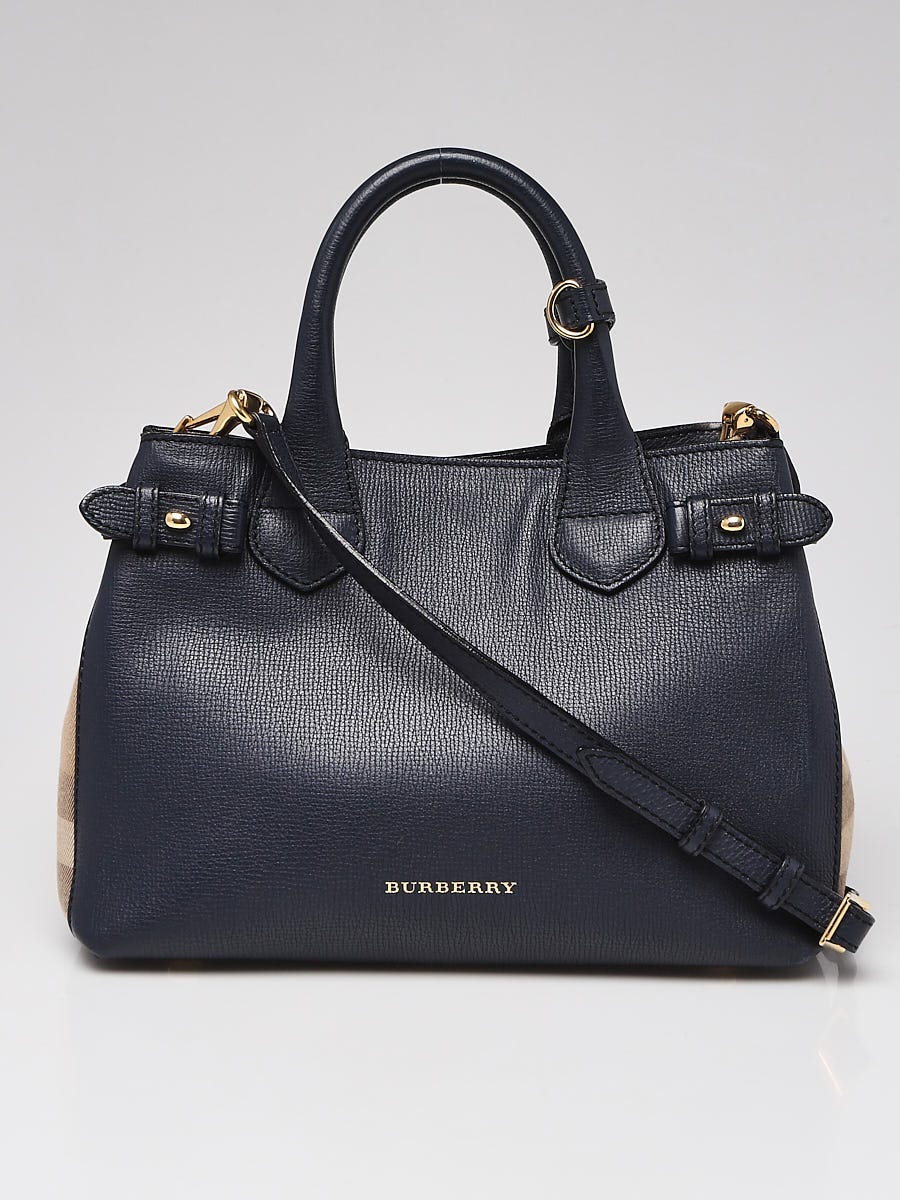 Burberry Blue Derby Leather House Check Small Banner Tote Bag - Yoogi's  Closet