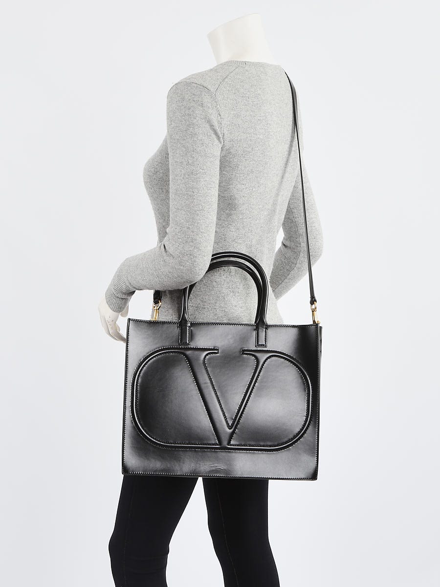 Valentino Black Leather VLogo Walk Medium Tote Bag - Yoogi's Closet