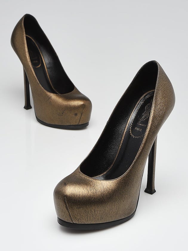 Yves Saint Laurent Gold Textured Leather Tribtoo Platform Pumps Size 6/36.5