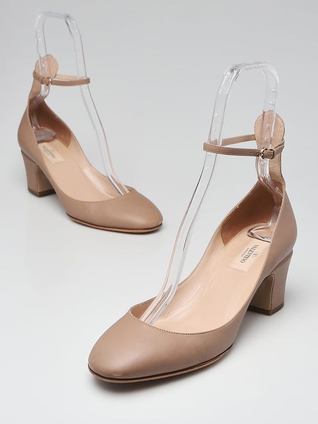 Valentino Beige Leather Mid Heel Ankle Wrap Pump Size 9.5/40