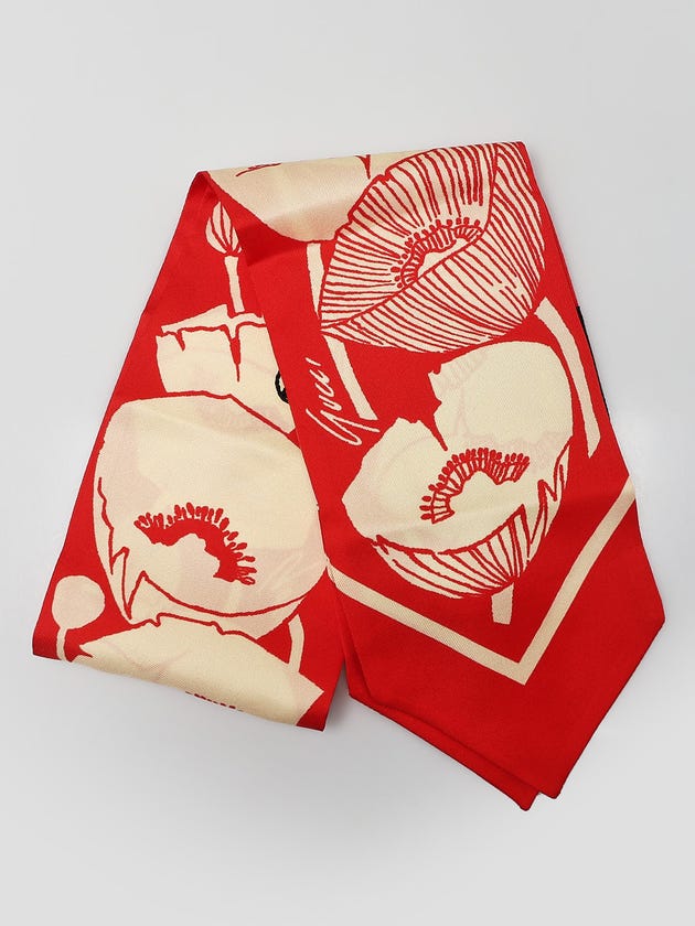 Gucci Red/Cream Silk Floral Print Wide Twilly Neck Bow Scarf