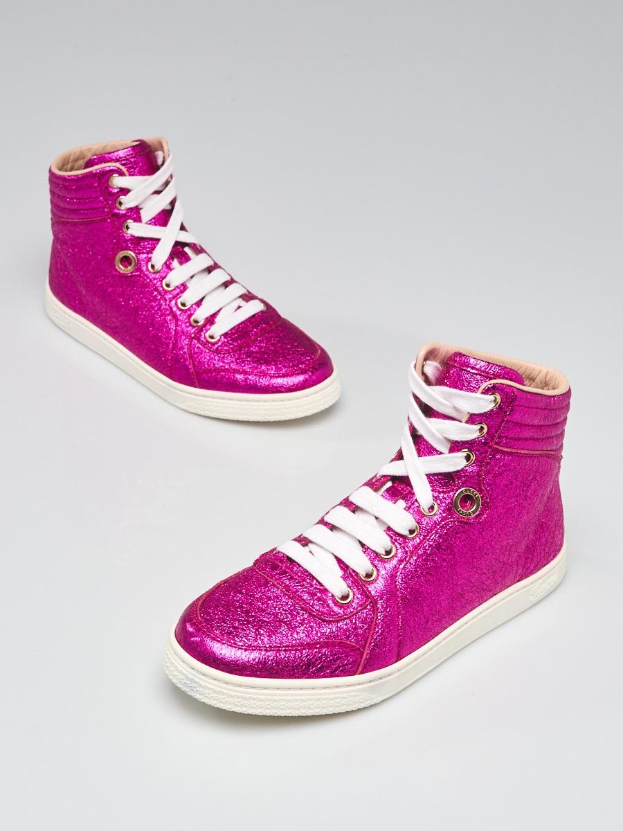 Gucci Pink Crinkle Leather High Top Sneakers Size 4.5/35 - Yoogi's