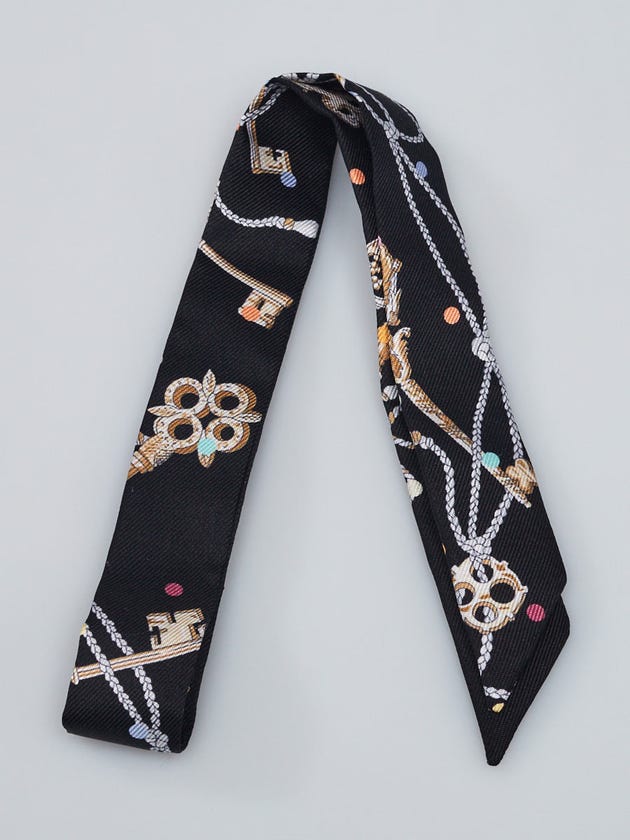 Hermes Black/Beige Rose Multicolor Les Cles a Pois Printed Silk Twilly Doll