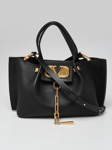 Valentino Black Pebbled Leather V-Logo Escape Small Convertible Tote Bag