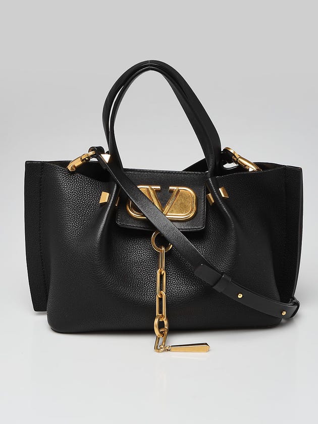Valentino Black Pebbled Leather V-Logo Escape Small Convertible Tote Bag