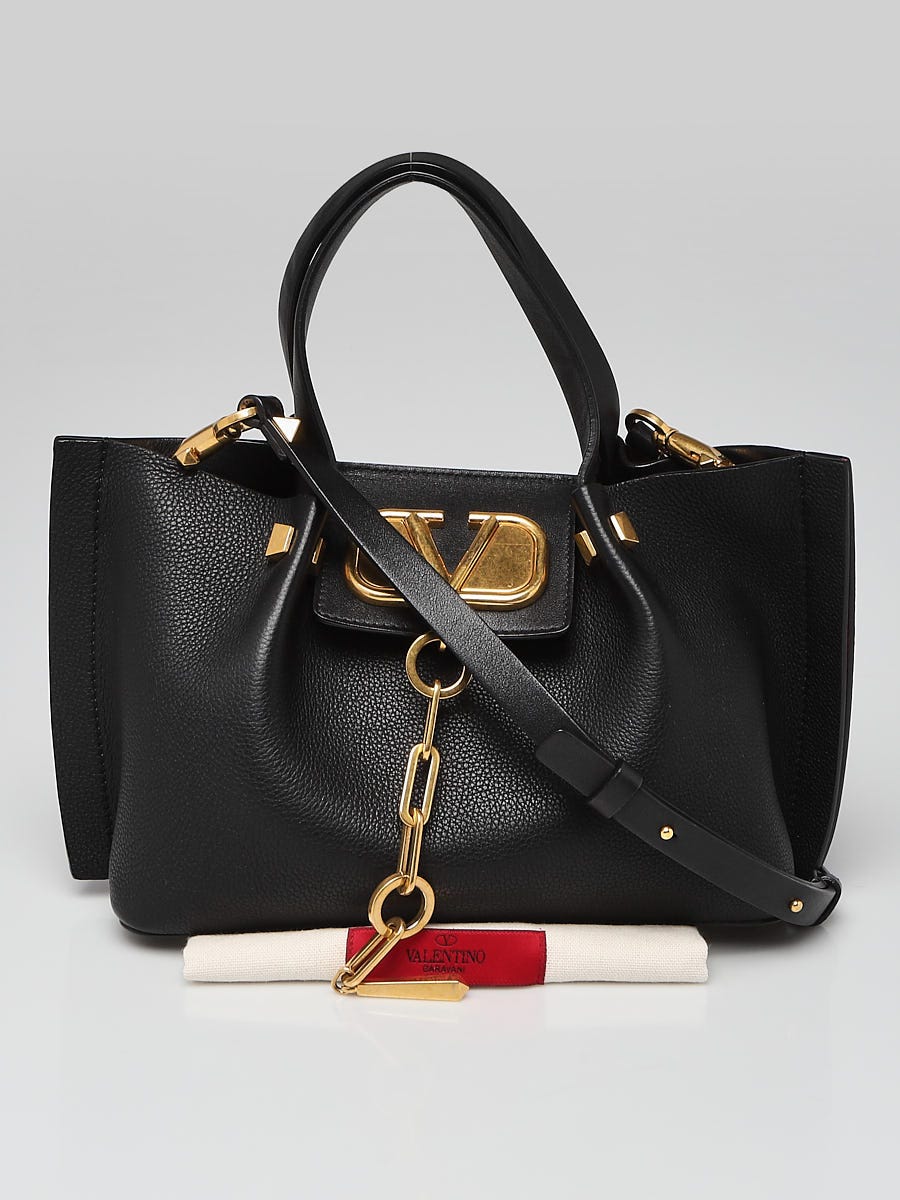 Valentino Black Pebbled Leather V-Logo Escape Small Convertible Tote Bag