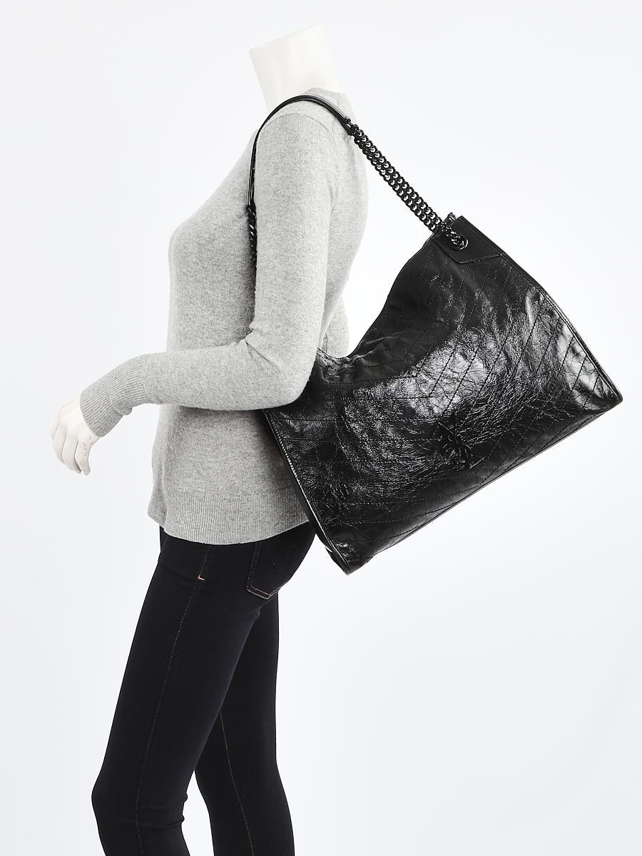 YVES SAINT LAURENT Niki Large Crinkle Leather Shopper Tote Bag Black