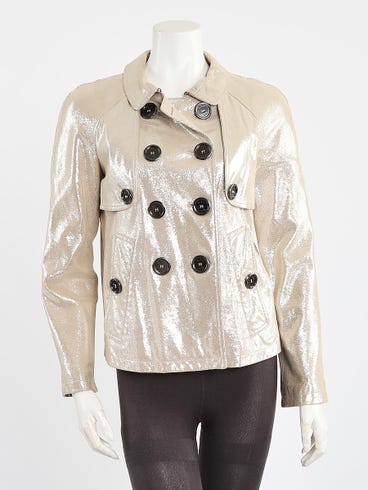 Burberry Beige Glitter Lambskin Leather Double Breasted Coat Size 4/38