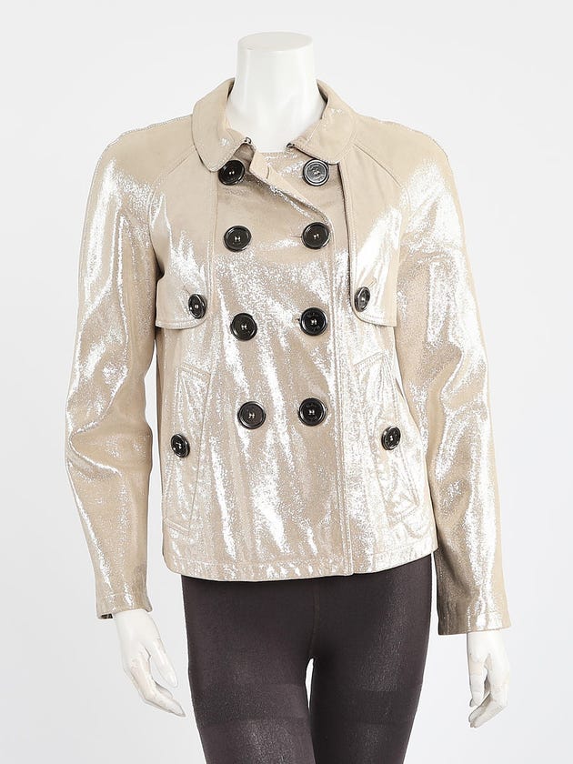 Burberry Beige Glitter Lambskin Leather Double Breasted Coat Size 4/38