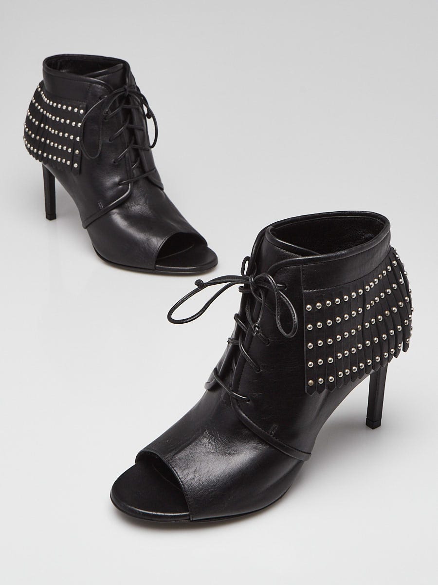 Yves Saint Laurent Black Leather Studded Fringe Open Toe Booties Size 4.5/35