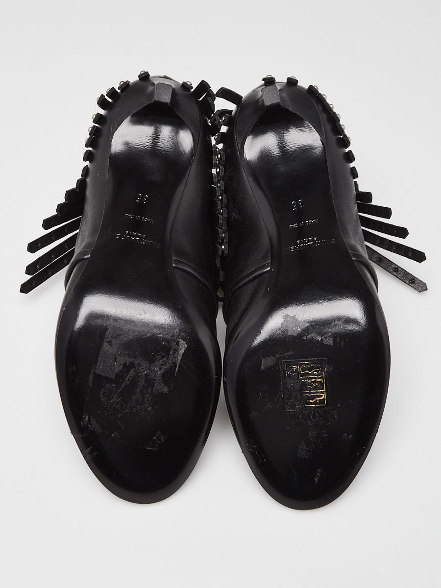 Yves Saint Laurent Black Leather Studded Fringe Open Toe Booties Size 4.5/35