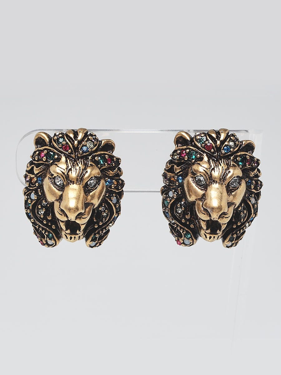 Gucci Goldtone Metal Rainbow Crystal Lion Head Clip-On Earrings - Yoogi's  Closet