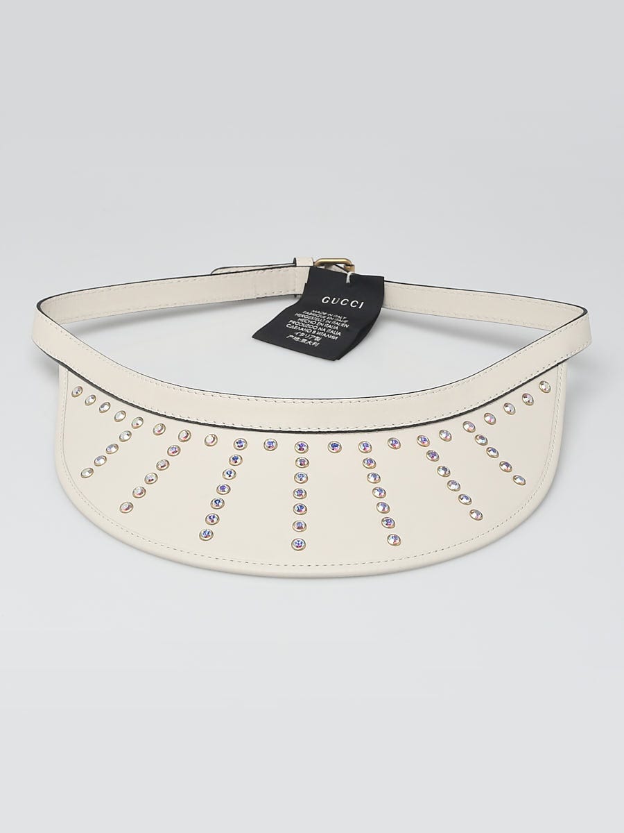 Gucci White Lambskin Leather Crystal Strass Visor Hat Size L