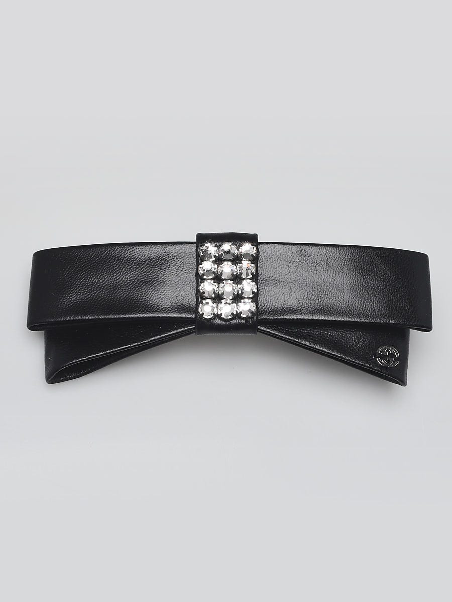 GUCCI Black Leather and Crystal
 Embellished Bow Hair Clip Slide Motif ?️ Authentic GUCCI Black LEATHER and CRYSTAL-Embellished  main image 4