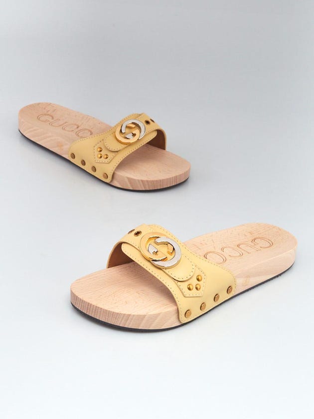 Gucci Light Yellow Leather Interlocking GG Wooden Slide Sandals Size 5