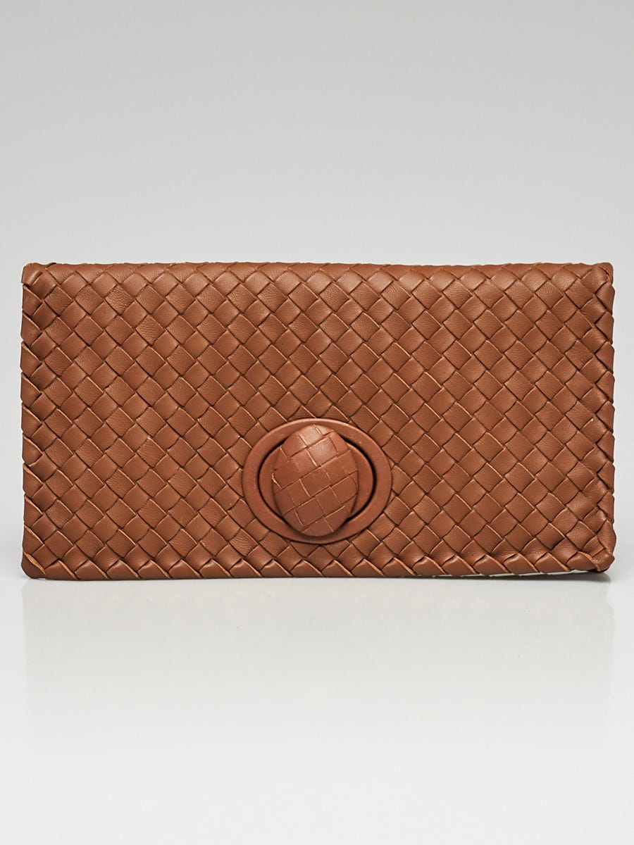Bottega Veneta Light Brown Intrecciato Woven Leather Turnlock Clutch Bag