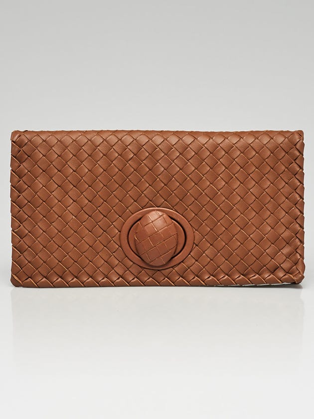 Bottega Veneta Light Brown Intrecciato Woven Leather Turnlock Clutch Bag