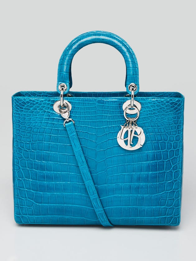 Christian Dior Turquoise Crocodile Large Lady Dior Bag