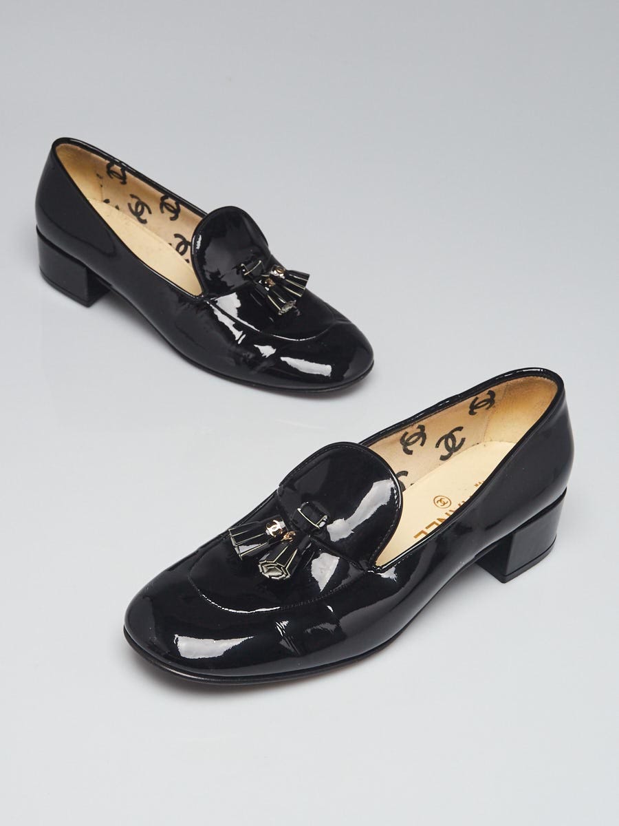 Chanel Black Patent Leather Tassel Loafers Size 10.5/41 - Yoogi's Closet