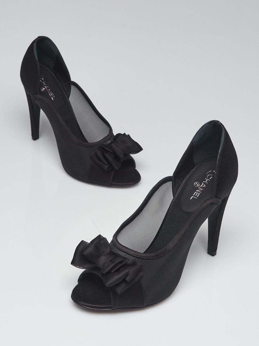 Chanel Black Mesh and Satin Bow Peep Toe Pumps Size 10.5/41
