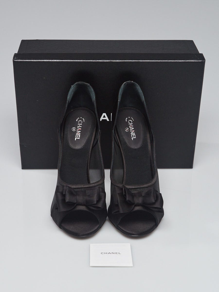 Chanel Black Mesh and Satin Bow Peep Toe Pumps Size 10.5/41