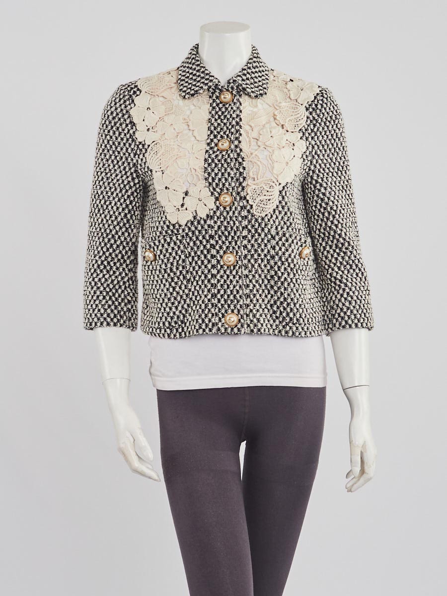 Gucci Black White Tweed Cotton and Lace Cropped Jacket Size 6 40 Yoogi s Closet