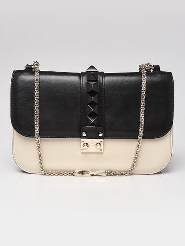 Valentino Black/White Leather Rockstud Glam Lock Medium Flap Bag