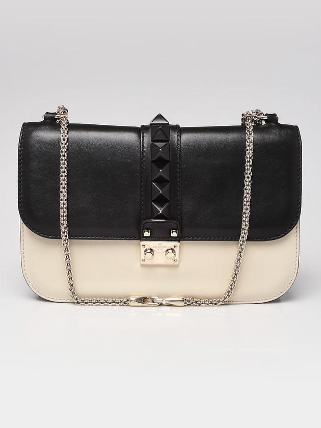 Valentino Black/White Leather Rockstud Glam Lock Medium Flap Bag