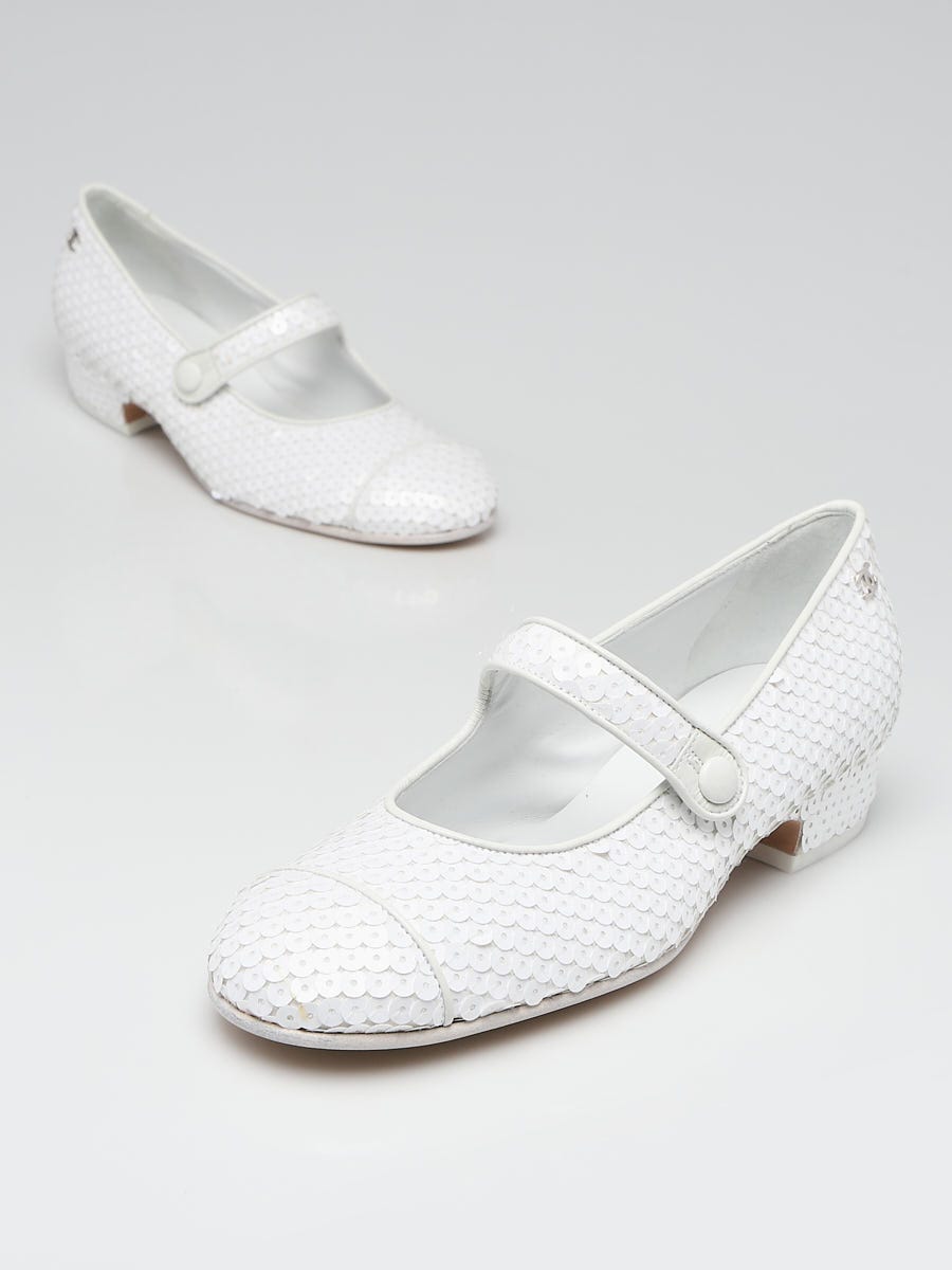 Chanel White Sequin Mary Jane Flats Size 5.5/36 - Yoogi's Closet