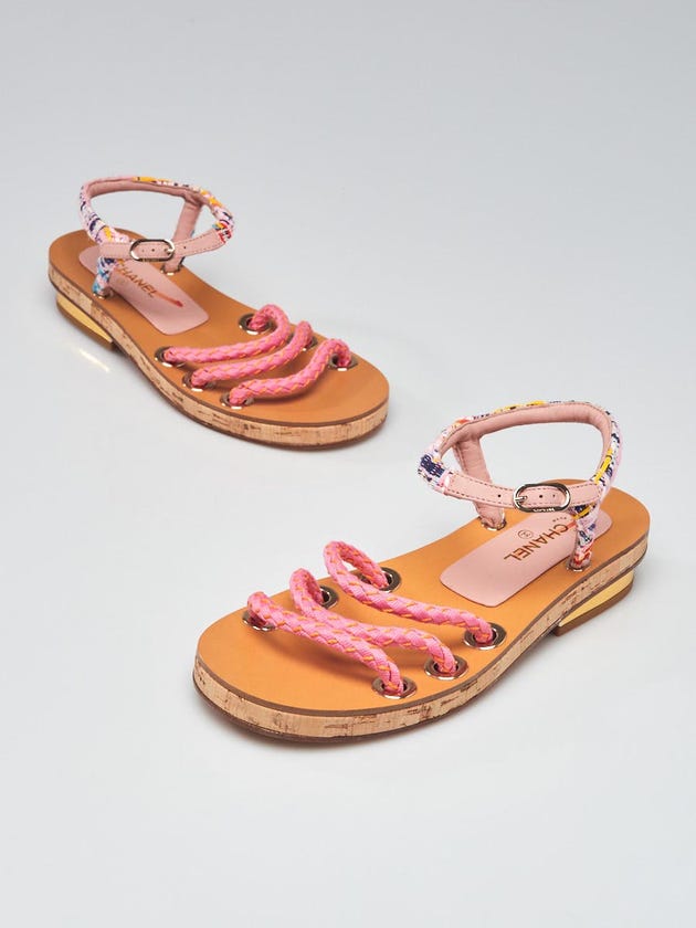Chanel Pink/Yellow Fabric Braided Fabric Flat Sandals Size 5/35.5