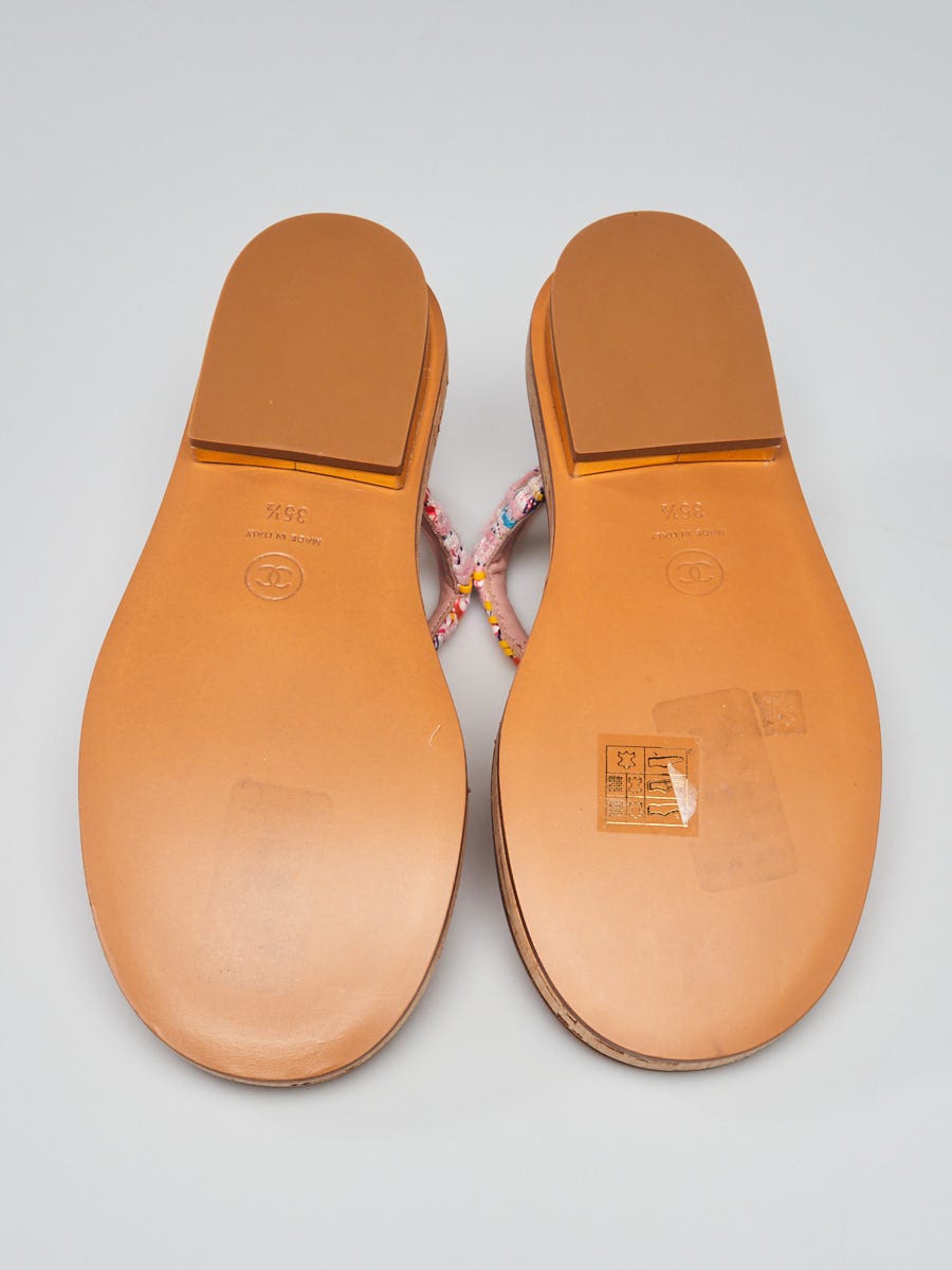 Chanel Pink/Yellow Fabric Braided Fabric Flat Sandals Size 5/35.5