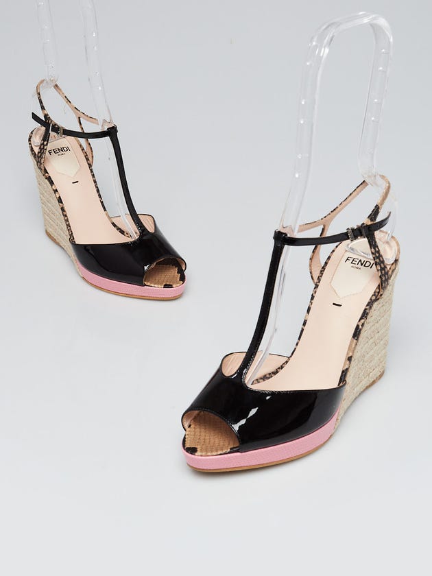 Fendi Black Patent Leather Snakeskin T-Strap Elodie Espadrille Wedges Size 5.5/36