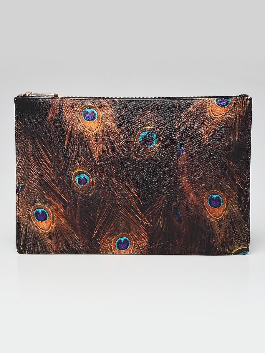 Givenchy Orange Textured Coated Canvas Peacock Print Zip Clutch