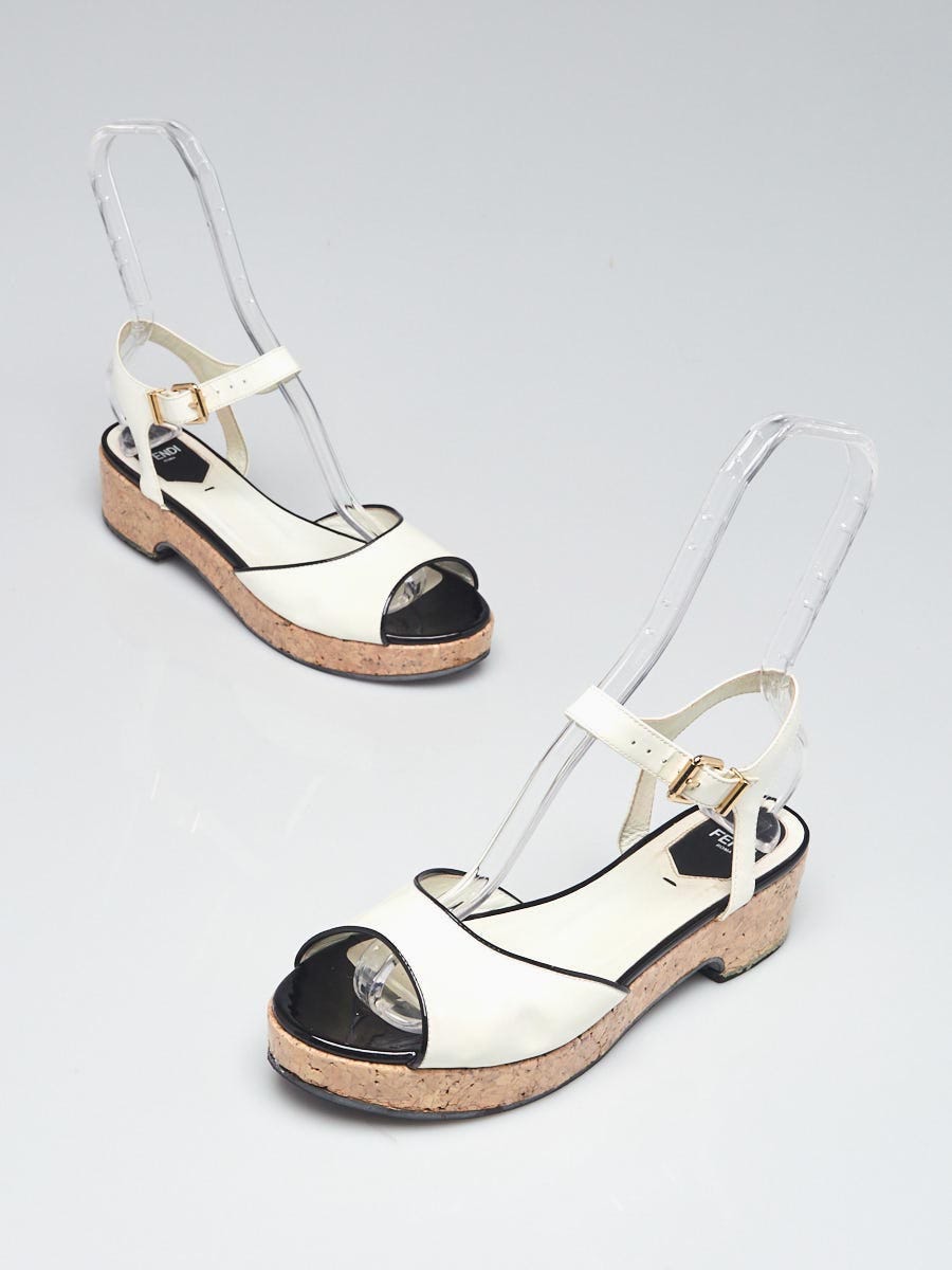 Fendi White/Black Patent Leather Platform Ankle Wrap Sandals Size 8/38.5