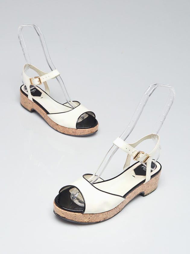 Fendi White/Black Patent Leather Platform Ankle Wrap Sandals Size 8/38.5
