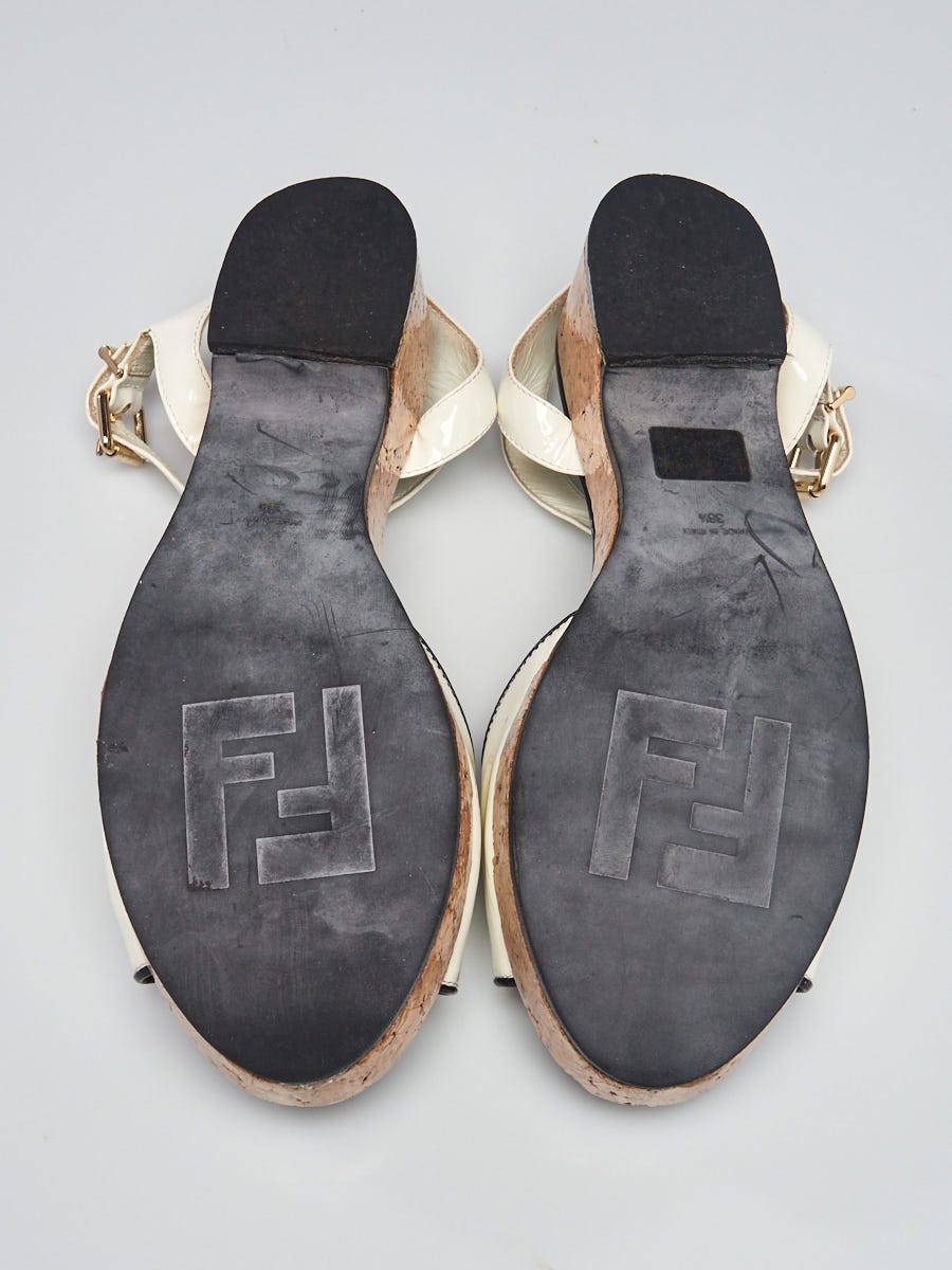 Fendi White/Black Patent Leather Platform Ankle Wrap Sandals Size 8/38.5