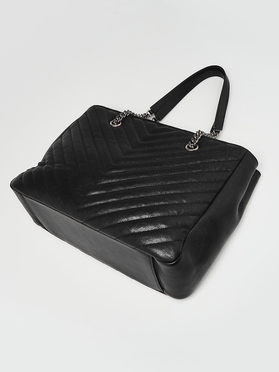 YVES SAINT LAURENT Chevron Leather Shopping Tote Shoulder Bag Black