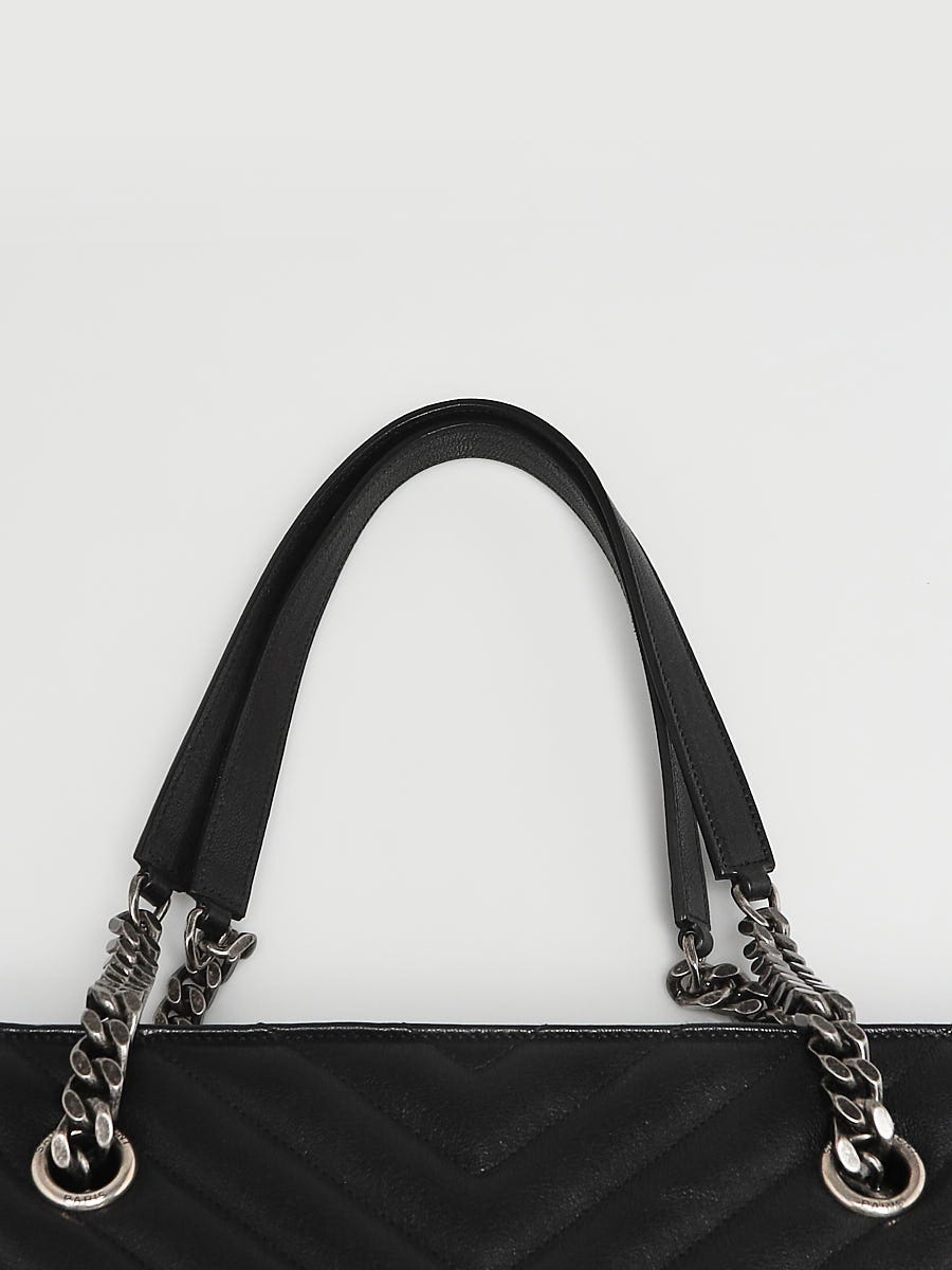 YVES SAINT LAURENT Chevron Leather Shopping Tote Shoulder Bag Black